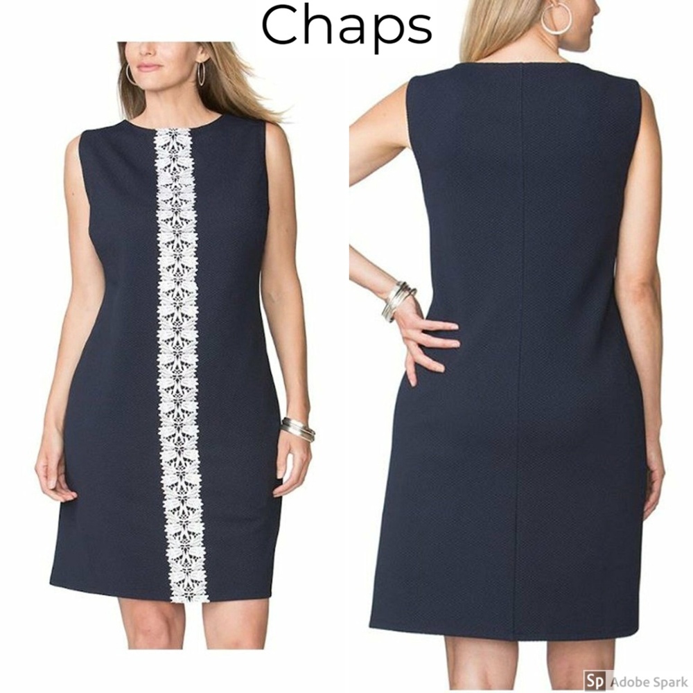 Chaps Navy Shift Dress with White Lace Center Panel